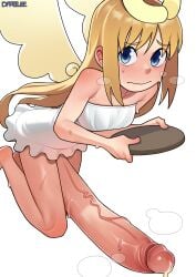1futa angel angel_wings blonde_hair blue_eyes blush bottomless bottomless_female clothed clothing crimvael cum cum_leaking dapeejee erection erection_under_skirt futanari halo huge_cock hyper ishuzoku_reviewers light-skinned_futa light_skin partially_clothed penis pyjyd shy small_but_hung solo
