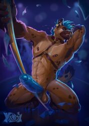 1boy abs anthro armpit_fetish armpit_hair armpit_musk balls bodily_fluids body_hair canne dancing erection furry genitals gold_(metal) gold_jewelry harness hi_res humanoid_genitalia humanoid_penis hyena jewelry kandi_deer male mammal money muscular muscular_male musk nipple_piercing nipples paws penis piercing pole pole_dancing saggy_balls solo spreading sweat sweatdrop thighs_spread yaoi yeenstank