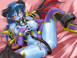 1girls 2d astaroth astaroth_(shinrabanshou) blue_skin demon_girl demon_horns demon_tail demon_wings fangs female_only horns medium_breasts monster_girl pointy_ears shinrabanshou solo solo_female succubus