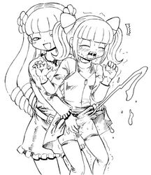 2girls blush censored cinnamon_(marshmallow_times) clothing cum cum_shot dress drooling female flower futanari hair_ornament handjob intersex jasmine_(marshmallow_times) monochrome multiple_girls penis pigtails skirt skirt_lift smiling stockings tank_top the_marshmallow_times very_long_hair