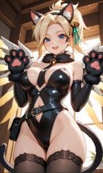 1girl 1girls ai_generated belt big_breasts black_gloves blonde_hair blue_eyes cat_ears cat_gloves cat_tail cowboy_shot elbow_gloves fur fur_trim gloves hair_ornament hairband leotard mercy mercy_(overwatch) navel necktie necktie_between_breasts overwatch overwatch_2 ribbon tail thick_thighs thighhighs