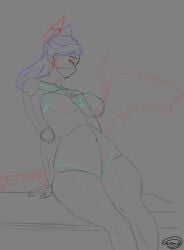 1girls angel aspect_host bathing_suit eripero fallen_angel fanart female league_of_legends looking_at_viewer morgana sitting star_guardian_series star_nemesis_morgana wings wip work_in_progress