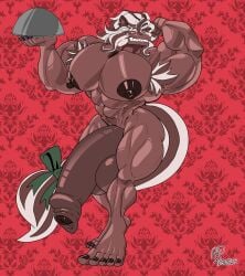 anthro armpit_hair big_feet black_nails brown_fur brown_skin bushy_tail buttler cookie_run cookie_run_kingdom esterhazy_(cookie_run) feet flexing food_creature furry gigantic_balls gigantic_penis long_hair muscular muscular_anthro muscular_male red_eyes rxq smiling solo solo_focus solo_male tray white_fur yaoi