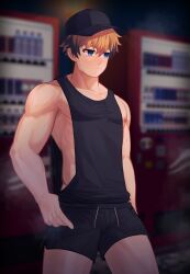1boy biceps big_areola blonde_hair blue_eyes blurry_background cap collarbone drawstring eyelashes fully_clothed gay half-closed_eyes hi_res looking_away low_cut_top male male_only mature_male muscles muscular muscular_arms muscular_male neutral_expression night nino_record no_visible_genitalia original original_character outdoors pecs polycoria short_hair shorts solo standing sweat sweatdrop tank_top vending_machine very_high_resolution yaoi young