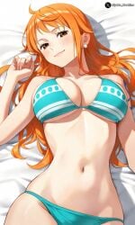 1girls 2d 2d_(artwork) 2d_artwork ^_^ ahoge ai_generated arm_tattoo armpits arms_above_head arms_behind_head arms_up bikini blue_tattoo blush breasts cleavage clouds color colored earring female female_only green_bikini green_bikini_top green_nail_polish green_nails huge_breasts large_breasts light-skinned_female light_skin long_hair nami nami_(one_piece) one_piece orange-haired_female orange_hair outdoors post-timeskip riyoka_hoshino smile smiling striped_bikini sweat sweating sweaty sweaty_body sweaty_breasts tattoo