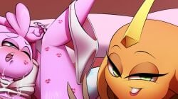 anthro brall_(pinkshonen) clothing cobra dominant dominant_female duo eyelashes female female_anthro grin half-closed_eyes lagomorph leporid lips lipstick_fetish looking_at_viewer looking_back looking_pleasured male male/female male_anthro mammal narrowed_eyes pinkshonen qper_(pinkshonen) rabbit red_lips reptile scalie smile snake submissive submissive_male underwear