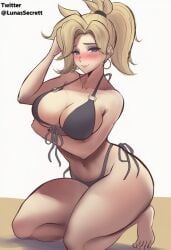 beach beach_background bikini bikini_bottom bikini_top blonde_female blonde_hair blue_eyes blush blushing_at_viewer blushing_female blushing_lines breasts ear_piercing ear_ring earrings female female_focus female_only kneeling kneeling_female lunassecret mercy mercy_(overwatch) overwatch overwatch_2 sexy sexy_body sexy_female sexy_pose thighs