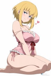 1girls bangs barefoot between_legs blonde_hair blue_eyes blush breasts cleavage dc dc_comics hand_between_legs heart kara_zor-el large_breasts looking_at_viewer my_adventures_with_superman panties short_hair side-tie_panties sitting smile solo strap_slip striped striped_panties supergirl supergirl_(my_adventures_with_superman) supergirl_(series) superman_(series) underwear v_arms vertical_stripes