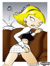 1girls 2007 arnold_shortman blonde_hair bob_cut esenkas hey_arnold! hoop_earrings nickelodeon olga_pataki panties pantyshot partially_visible_vulva skirt teenager white_background