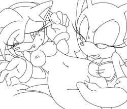 2girls amy_rose anthro auntymoira black_and_white breasts female female_only furry furry_only gloves medium_breasts monochrome nude on_back purity rouge_the_bat short_hair simple_background sonic_(series) white_background yuri