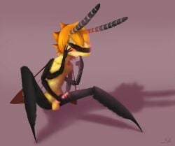 arthropod bodily_fluids clearwing_moth finger_in_mouth fur genitals hi_res insects moth penile precum shay_dillon two-tone_body yellow_body