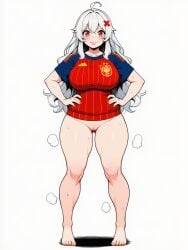 1girls curvy_figure erispheria female female_focus football_uniform hair_ornament hi_res high_resolution hourglass_figure posing pussy pussy_juice_drip red_eyes soccer_uniform spain spanish suggestive_look suggestive_pose thick_legs twitch twitter vtuber vtuberfanart white_hair wide_hips world_cup youtube youtube_hispanic