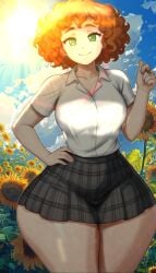 ai_generated bea_(brawl_stars) big_ass big_breasts big_thighs brawl_stars curly_hair green_eyes school school_uniform schoolgirl schoolgirl_uniform shirt short_hair short_skirt skirt smile sun sunflower sunlight supercell thick_thighs uniform uniform_female video_game_character video_games videogame