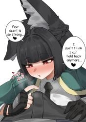 1boy 1girls animal_ear_fluff bernardo747 bernardo_(ggpa8423) black_hair blush breath buldge coat collared_shirt erection erection_under_clothes eyebrows eyebrows_visible_through_hair fingers fox_ears fox_girl fully_clothed_female gloves heart heart-shaped_pupils hi_res horny_female hoshimi_miyabi jacket kenonomimi light-skinned_female looking_at_penis necktie open_mouth pants red_eyes text_bubble thiren tie touching_penis wise_(zenless_zone_zero) zenless_zone_zero