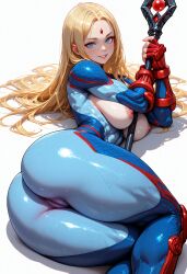 ai_generated ass ass_focus blonde_hair blue_bodysuit blue_eyes blush bodysuit breasts breasts_out cameltoe female fingerless_gloves forehead forehead_jewel gloves grin hair_spread_out holding holding_weapon large_breasts lips long_hair looking_at_viewer lying muscular muscular_female nipples on_side parted_lips patreon_username polearm red_gloves shadow shiny_clothes shiny_skin simple_background skin_tight smile solo staff thick_thighs thighs very_long_hair weapon wet white_background