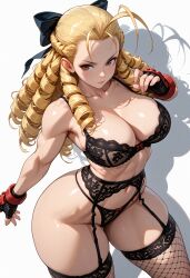 ai_generated antenna_hair black_bra black_garter_belt black_gloves black_panties black_thighhighs blonde_hair bow bra braid breasts brown_eyes cleavage closed_mouth collarbone curvy female fingerless_gloves fishnet_thighhighs fishnets forehead garter_belt gloves hair_pulled_back hairbow large_breasts lingerie long_hair looking_at_viewer muscular muscular_female navel panties ribbon ringlets shadow shiny_skin simple_background solo thick_thighs thighhighs thighs toned underwear underwear_only white_background wide_hips