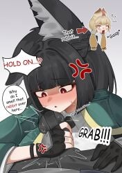 1boy 1girls alice_thymefield angry animal_ear_fluff bernardo747 bernardo_(ggpa8423) black_hair blonde_hair blush breath buldge bunny_ears caught_cheating caught_off_guard coat collared_shirt erection erection_under_clothes eyebrows eyebrows_visible_through_hair fingers fox_ears fox_girl fully_clothed_female gloves grabbing_penis heart heart-shaped_pupils hi_res horny_female hoshimi_miyabi implied_oral jacket kenonomimi light-skinned_female looking_at_penis necktie open_mouth pants pubic_hair questioning red_eyes scared text_bubble thiren tie touching_penis twintails vein wise_(zenless_zone_zero) zenless_zone_zero
