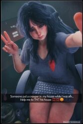 maxsterbrge looking_at_viewer female female_only female_focus selfie selfie_pose text black_hair messy messy_hair computer computer_monitor keyboard sfw tired_eyes tired eyebags peace_sign