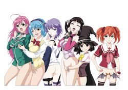 age_difference akashiya_moka black_hair blue_hair bottomless breast_grab female female_only kurono_kurumu long_hair multiple_girls open_mouth orange_hair pink_hair purple_hair rosario+vampire school_uniform sendo_yukari shirayuki_mizore short_hair shuzen_kokoa succubus toujou_ruby white_background