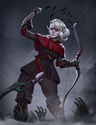 1boy 1femboy balls bow dnd_character drow drow_(dnd) dungeons_and_dragons earrings elf elf_ears elf_femboy elf_male femboy flaccid flaccid_penis gambeson graveyard knife notnarts penis purple_body purple_skin ranger red_eyes ripped_clothing ripped_pants undead undercut white_hair zombie
