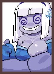 2d animated animation breast_sucking clothed_female_nude_male clothed_sex clothing gray_hair grey_hair handjob huge_breasts large_breasts loop nursing_handjob one_breast_out pixel_animation pixel_art princess_and_conquest purple_body purple_skin smile swirly_eyes white_hair