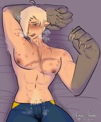 1boy armpit_hair bite_mark chimericthembo half-dressed half_naked happy_trail hickey hickey_marks implied_biting implied_pussy large_hands scars tengen_toppa_gurren_lagann tremble_spikes viral wet_pants wet_patch yaoi yellow_eyes