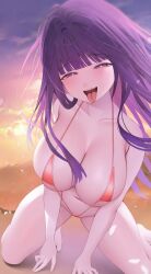 adolescent ai_generated belly_button bright_pupils cute_face cute_girl eyebrows_visible_through_hair eyelashes_visible_through_hair fern_(sousou_no_frieren) hands_on_floor high_quality high_resolution highres large_ass large_boobs large_breasts large_buttocks large_hair legs makeup nature_background night_sky petite_female petite_girl purple_eyes purple_hair school_girl schoolgirl shiny_body shiny_hair slingshot_bikini small_eyes sousou_no_frieren teenage_girl thin_neck thin_waist waifu2x white_skin wide_hips