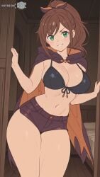ai_assisted ai_generated big_breasts bikini_top breasts brown_hair clenched_teeth curvy curvy_body curvy_female female female_focus female_only green_eyes huge_breasts large_breasts long_hair looking_at_viewer moonwool_branch ponytail re:zero_kara_hajimeru_isekai_seikatsu seductive seductive_eyes seductive_look seductive_mouth seductive_pose seductive_smile shaula_(re:zero) shorts smile smiling solo solo_female solo_focus thick_ass thick_thighs thighs uncensored very_long_hair