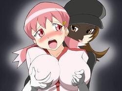 2girls breast_grab breasts enemy_conversion female female_only grope groping gym_leader human lyra_(pokemon) multiple_females nintendo pokemon pokemon_gsc team_rocket whitney_(pokemon) yukinojo yuri