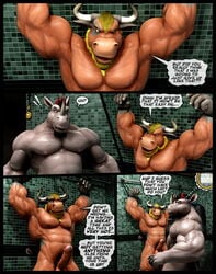 3d abs ass balls beard biceps big_balls black_hair blonde_hair bondage bound bovine braford cattle comic dialogue english_text erection facial_hair furry furry_only gay hair male mohawk muscles no_humans pecs penis precum red_hair rhinoceros sex text uncut