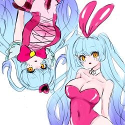 alternate_costume big_breasts blue_hair bunny_ears bunnysuit color coloured concept_art cyan_hair leotard light-skinned_female light_skin lobotomy_corporation looking looking_at_viewer orange_eyes pink_bodysuit pink_bunnysuit pink_leotard project_moon queen_of_hatred ribbon sketch tagme teal_hair white_background wings
