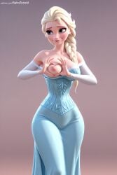 ai_generated bare_shoulders blonde_hair blue_eyes braid breast_lift breasts disney disney_princess dress elsa_(frozen) eyeshadow female frozen_(film) hair_over_shoulder heart_hands hi_res high_quality high_resolution lips long_hair looking_at_viewer medium_breasts nipples patreon seductive self_fondle sexy single_braid smile solo spicytoonai standing uncensored watermark web_address