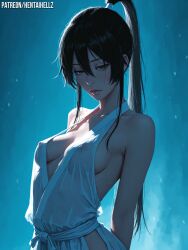 ai_generated arched_back black_hair brown_eyes disoriented fantasy female hair_between_eyes half-closed_eyes hentaihell high_ponytail jigokuraku long_hair medium_breast multiple_views nipple_visible nsfw photorealistic sidelocks solo yamada_asaemon_sagiri young_adult