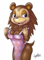 animal_crossing anthro anthrofied apron breasts brown_fur brown_hair c0nnerc00n cleavage female female_only hedgehog nintendo open_mouth sable_able seductive solo standing tagme toony