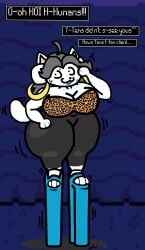 bimbo bimbo_body bimbofication high_heels hoop_earrings hoop_earrings_oversized leopard_print manygeesen nervous_face nervous_smile nervous_sweat platform_heels shortstack temmie_(undertale) text undertale wobble