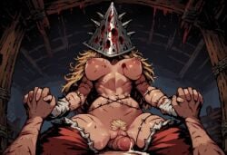 1boy 1girls abs ai_generated barbed_wire bleeding blonde_hair blood bloody_clothes breasts cum cumdrip cuts ejaculation face_covered female girl_on_top gloves grinding grinding_on_penis helmet holding_hands horror horror_(theme) large_breasts long_hair male messy_hair muscles muscular muscular_female nipples original original_character paigen pants penis pierced_nipples pixel_art pov pubes pussy sash scratches spiked_helmet spikes toned_body