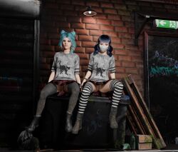 2girls 3d asian_female ass blender blue_hair breast_size_difference clothed cosplay dbd dead_by_daylight dressed_undressed dyed_hair female feng_min flashing flashing_pussy mask nea_karlsson nipples_visible_through_clothing price prostitute_clothes prostitution pussy pussy_peek revealing_outfit showing_panties simplestuffs skimpy_clothes skirt small_breasts spread_legs straight swapped_clothes teasing uncensored undressing_between_scenes upskirt