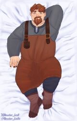 1boy 2026 2d arm_behind_head artist_name aster_isc0 background bara bear_(body_type) beard blacksmith blacksmith_apron blue_eyes body_hair body_pillow brown_clothing brown_hair chubby chubby_male clint_(stardew_valley) clothed clothed_male color dakimakura_design facial_hair fat fat_male front_view full_body full_color fully_clothed hand_behind_head looking_at_viewer lying lying_on_back lying_on_bed male male_only moustache non-nude overalls painted_nails pants sheets short_hair socks solo solo_male stardew_valley suspenders sweater tunic variant_set