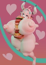 1girls 3d 3d_(artwork) abstract_background animal_ears barefoot cow_ears cow_horns engimaniac food genshin_impact girl headband horns hourglass_figure hoyoverse huge_breasts huge_nipples huge_thighs hyper hyper_breasts hyper_nipples naked naked_female pink_hair purple_eyes sandwich varesa_(genshin_impact) wide_hips