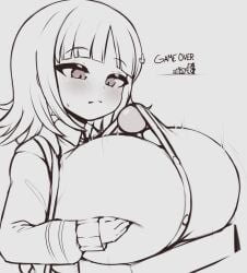 alternate_breast_size_(larger) blunt_bangs blush breasts closed_mouth collared_shirt commentary danganronpa danganronpa_(series) danganronpa_2:_goodbye_despair dress_shirt female game_over greyscale hair_ornament highres huge_breasts jacket long_sleeves medium_hair monochrome monokuma nanami_chiaki neck_ribbon open_clothes open_jacket paizuri pldf ribbon shirt solo_focus sweatdrop upper_body