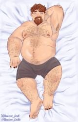 1boy 2026 2d arm_behind_head artist_name aster_isc0 background bara barefoot bear_(body_type) beard belly blue_eyes body_hair body_pillow brown_hair chubby chubby_male clint_(stardew_valley) clothed clothed_male color dakimakura_design facial_hair fat fat_male feet front_view full_body full_color hairy_male hand_behind_head looking_at_viewer lying lying_on_back lying_on_bed male male_only moustache no_visible_genitalia non-nude painted_nails painted_toenails sheets shirtless short_hair solo solo_male stardew_valley underwear underwear_only variant_set