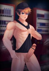 1boy abs balls bare_breasts biceps big_areola big_glans big_penis blonde_hair blue_eyes blurry_background blush bottomless cap censor_bar censored censored_penis clothes_lift collarbone embarrassed erection exhibitionism eyelashes foreskin foreskin_folds frenulum gay half-closed_eyes hi_res huge_cock long_penis looking_at_viewer low_cut_top male male_only mature_male muscles muscular muscular_arms muscular_male night nino_record no_body_hair original original_character outdoors pecs penis penis_bigger_than_head pointless_censoring polycoria practically_nude precum precum_drip red_glans retracted_foreskin short_hair six_pack solo standing sweat sweatdrop sweating sweaty taking_clothes_off tank_top thick_penis uncircumcised uncut veiny_penis vending_machine very_high_resolution yaoi young