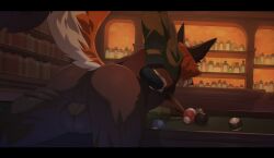 2026 anthro ass balls_outline bent_over billiard_cue billiard_table billiards biped bottomwear brown_body brown_fur bulge canid canine clothing cue_stick detailed_background detailed_bulge digital_media_(artwork) fox fur furniture genital_outline hi_res idrysse3 inside male male_anthro mammal multicolored_body multicolored_fur orange_body orange_fur pants raised_tail solo table tail tight_bottomwear tight_clothing tight_pants white_body white_fur