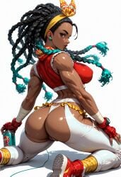 ai_generated aqua_hair aqua_nails arm_wrap ass bandages bare_shoulders biceps black_hair bow_hairband breasts brown_eyes brown_lips cable can capcom colored_shoe_soles colored_tips converse covered_nipples crop_top dark-skinned_female dark_skin earbuds earphones female fingerless_gloves fingernails forehead from_behind full_body gloves gradient_hair hairband hip_vent holding_can kimberly_jackson kneeling large_breasts lips listening_to_music long_hair looking_at_viewer looking_back lowleg_pants median_furrow multicolored_hair multiple_braids muscular muscular_female nail_polish panties pants red_footwear red_gloves shiny_skin shoes simple_background sleeveless sneakers solo spray_can street_fighter street_fighter_6 thick_thighs thighs thong toned two-tone_hair underwear very_dark_skin watch white_background white_panties white_pants wristwatch yellow_hairband