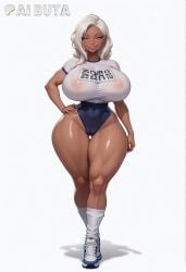 ai_generated aibuta alternate_body_type alternate_breast_size areola areolae ass_visible_through_thighs big_areola big_areolae big_ass big_nipples big_thighs blue_buruma blush bottom_heavy breasts buruma cameltoe child_bearing_hips covered_navel covered_nipples curvaceous curves curvy curvy_body curvy_figure dark-skinned_female dark_skin disney earrings female full_body gigantic_ass glossy glossy_body green_eyes grey_hair grin gym_uniform hand_on_own_hip hi_res high_resolution highleg highres hourglass_figure huge_ass huge_breasts large_areolae large_thighs lips long_hair looking_at_viewer massive_ass mirage_(the_incredibles) mole narrow_waist nipples parted_lips see-through shiny_skin shirt shoes short_sleeves simple_background skin_gloss skull_crushing_thighs smile sneakers socks solo stable_diffusion standing tan taut_clothes the_incredibles thick_thighs thigh_gap thighs thunder_thighs voluptuous white_background white_footwear white_hair white_shirt white_socks wide_hips