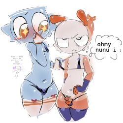 annoyed average_penis average_sized_penis bikini bikini_pull blushing dandy's_world dandys_world femboy femboy_focus finn_(dandy's_world) large_thighs male male/male male_only shrimpo_(dandy's_world) small_penis star_(symbol) stockings thick_thighs thighhighs thighs twink whoopsie_dw wide_hips yaoi yellow_eyes