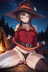 kiraamane ai_generated patreon seductive sexy uncensored watermark hi_res high_quality high_resolution megumin kono_subarashii_sekai_ni_shukufuku_wo! bandages bandaged_leg 1girl underwear panties hat belt red_eyes thighhighs sky bare_shoulders gloves black_panties starry_sky black_legwear sitting solo blush star_(sky) dress single_thighhigh breasts night red_dress witch_hat pussy fingerless_gloves lifted_by_self collar dress_lift outdoors small_breasts looking_at_viewer patreon_username short_hair black_hair brown_hair spread_legs choker bangs fire
