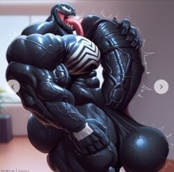 ai_generated autofellatio bara civitai hyper hyper_balls hyper_cock hyper_penis hyper_testicles male male_only marvel marvel_comics muscular muscular_male selfsuck spider-man_(series) venom_(marvel)