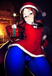 ai_generated blue_eyes blue_pantyhose brown_hair cameltoe christmas covered_nipples erect_nipples fate/grand_order fate_(series) female gift_box indoors leonardo_da_vinci_(rider)_(fate) looking_at_viewer looking_down naughty_face pantyhose present santa_hat small_breasts smug smug_face solo thighs tight_clothing