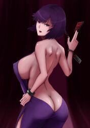 artist_request ass ass_cleavage ass_crack back backless_dress backside breasts butt_crack dress female ghost_in_the_shell kusanagi_motoko looking_at_viewer purple_dress purple_theme revealing_clothes revealing_dress revealing_outfit solo